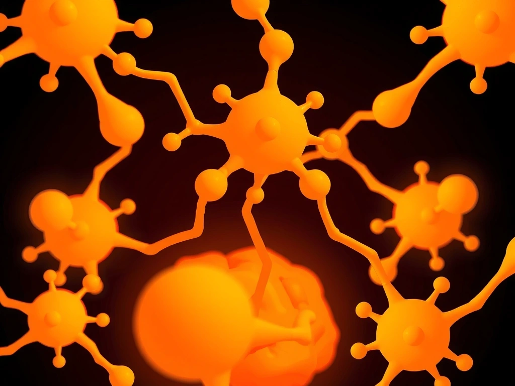 Ilustrație vibrantă a moleculelor de adaptogeni interacționând cu neuroni, simbolizând claritatea mentală și reducerea stresului. Culori calde și luminoase.