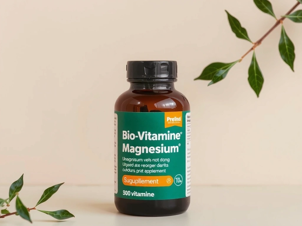 Recipient de Magneziu Biovitaminecx, cu design minimalist și verde, pe un fundal natural.