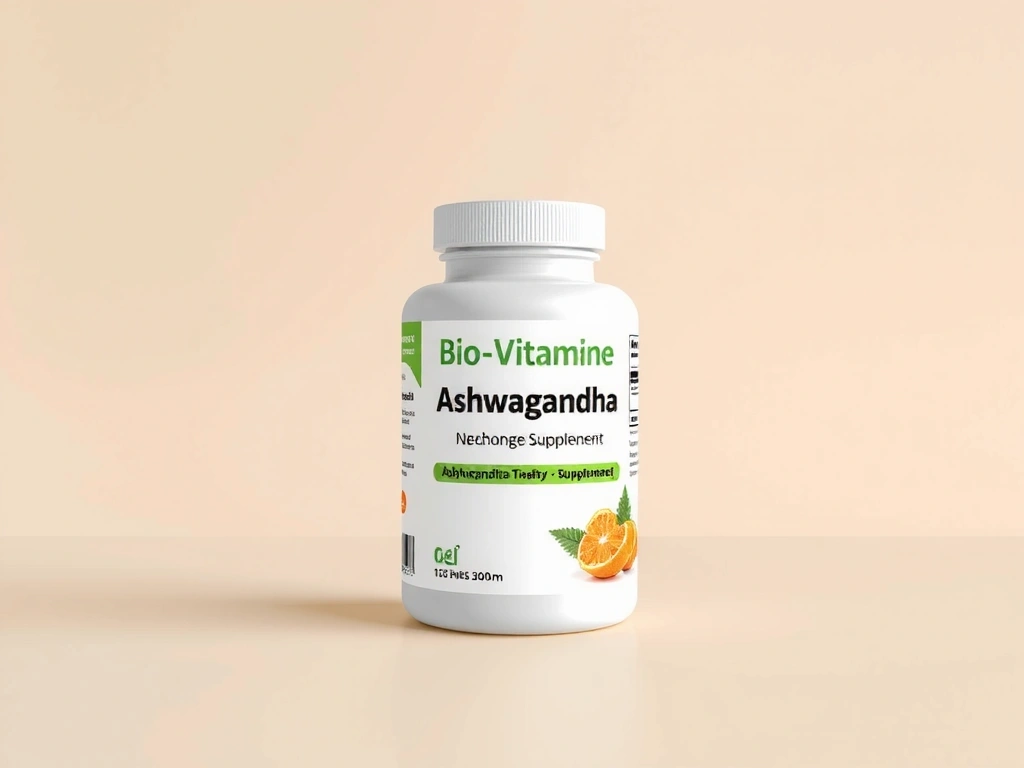 Recipient de Ashwagandha Biovitaminecx, cu design curat și natural, pe un fundal calm.