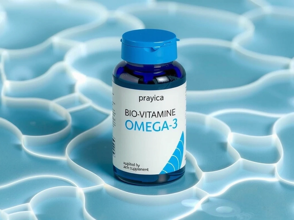 Recipient de Omega-3 Biovitaminecx, cu design modern și albastru, pe un fundal acvatic.