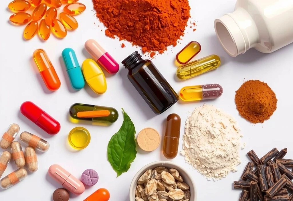 Diverse suplimente alimentare aranjate artistic, evidențiind vitamine, minerale și extracte din plante.