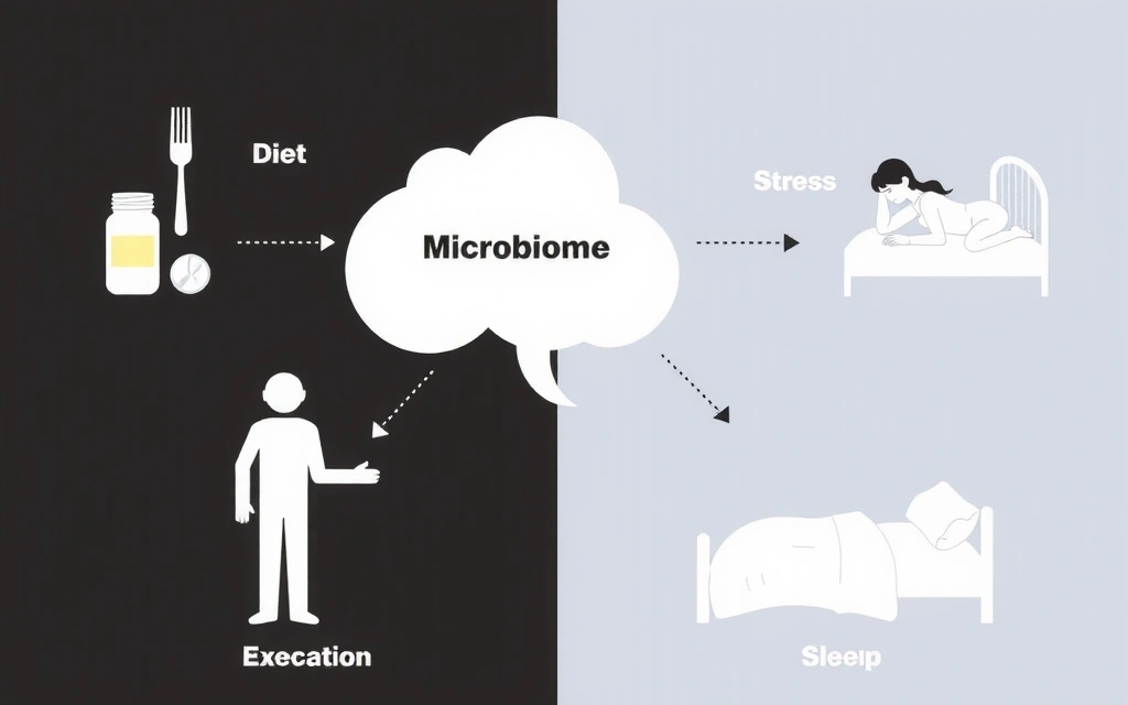 Ilustrație care prezintă factori de influență asupra microbiomului: dietă, stres, medicamente, exerciții fizice, somn