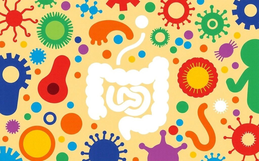 Ilustrație științifică a diversității microbiomului intestinal uman, cu diferite tipuri de microorganisme reprezentate vizual