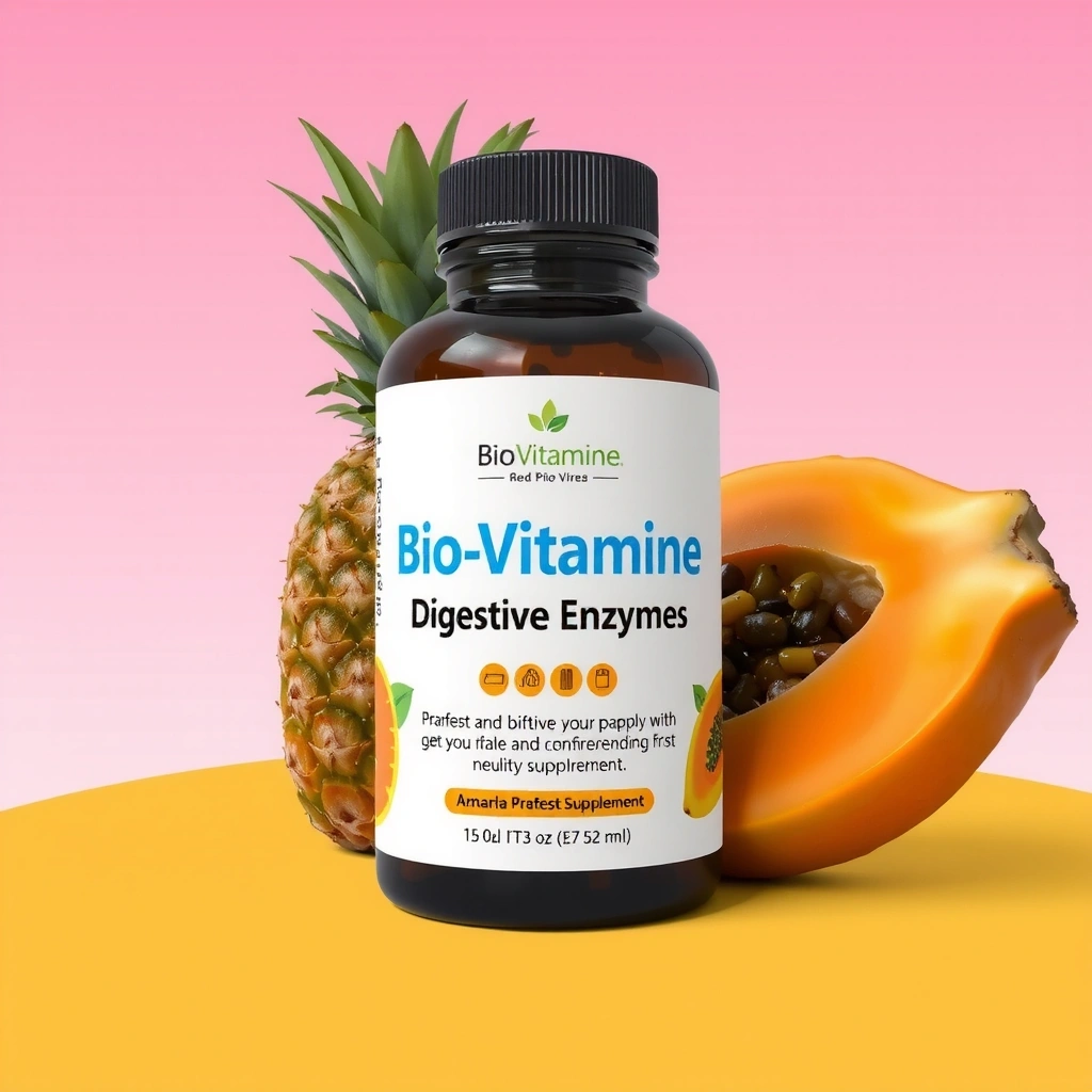 Imagine cu supliment de enzime digestive Biovitaminecx, cu flori de ananas și papaya în fundal