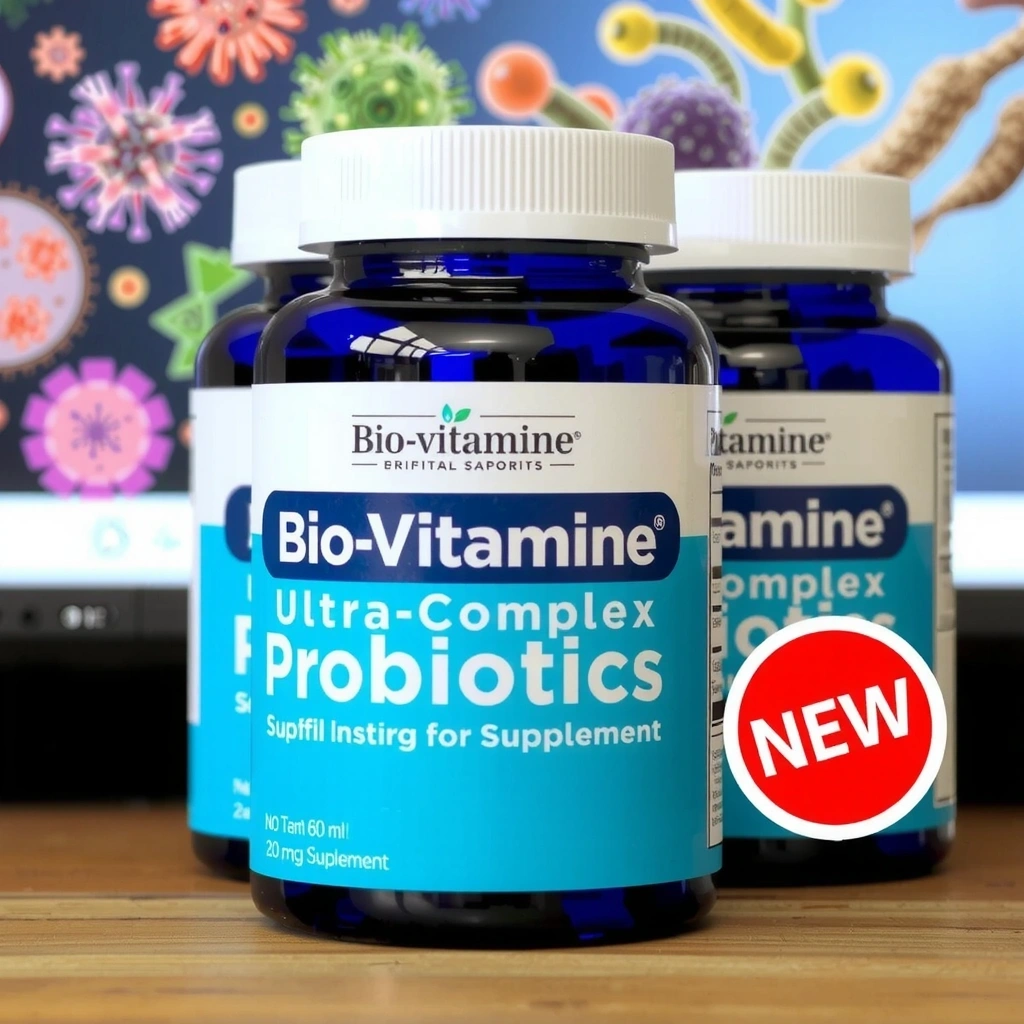 Imagine cu supliment de Probiotice Ultra-Complex Biovitaminecx, cu ilustrații de bacterii benefice