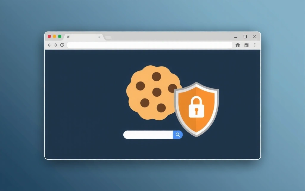 Ilustrație a unui browser web cu o pictogramă de cookie și un scut de confidențialitate