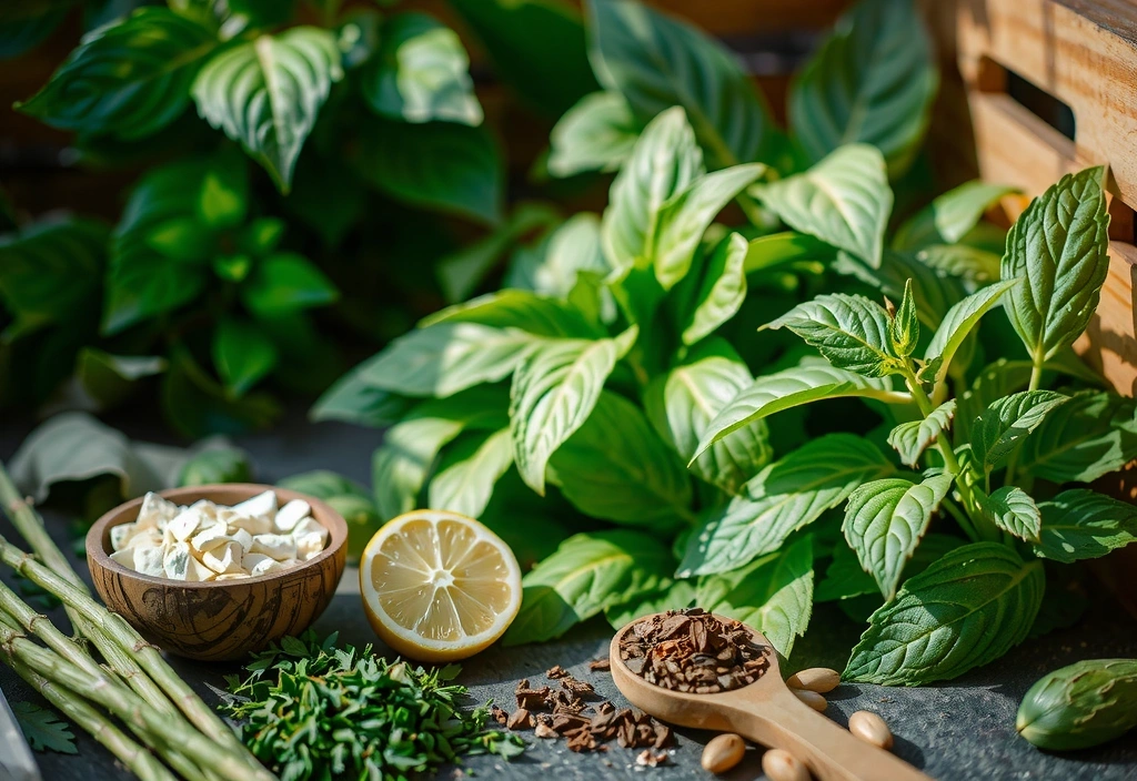 Plante verzi luxuriante și ingrediente naturale