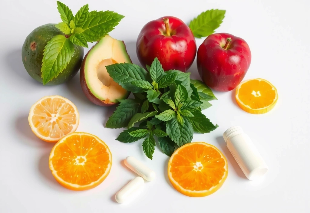 Imagine cu ingrediente naturale proaspete și suplimente, simbolizând puritatea și calitatea.